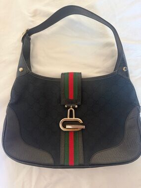 Black Shoulder Bag with Green and Red Web Stripe